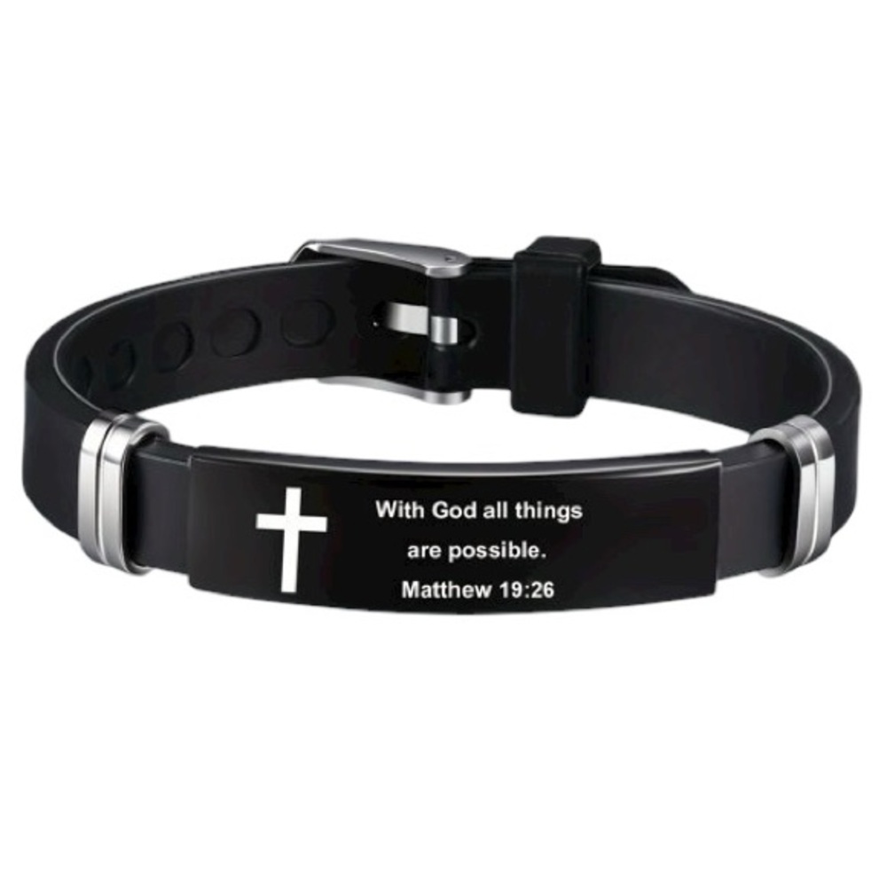 Inspirational Bracelet Religious Matt 19:26 Black Silicone Stainless Mens Womens